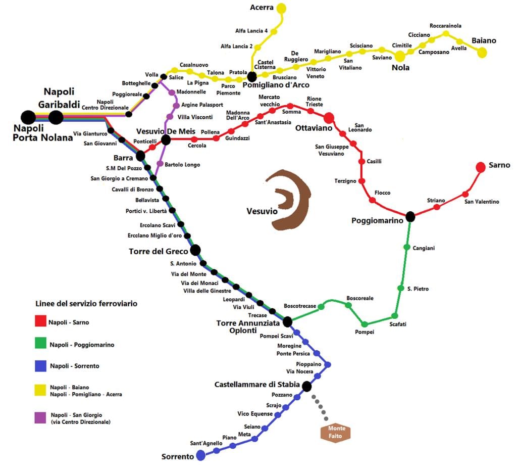 ನಕ್ಷೆ circumvesuviana ರೈಲು ಮಾರ್ಗ